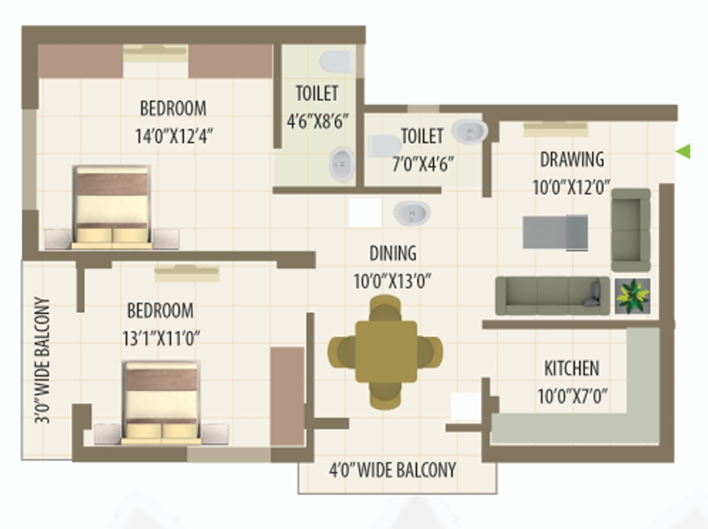 Laxmi Residency 3 Floor Plan Unit Type A 2 BHK Super Built Up Area: 1192 sq. ft. | Carpet Area: 797 sq. ft.