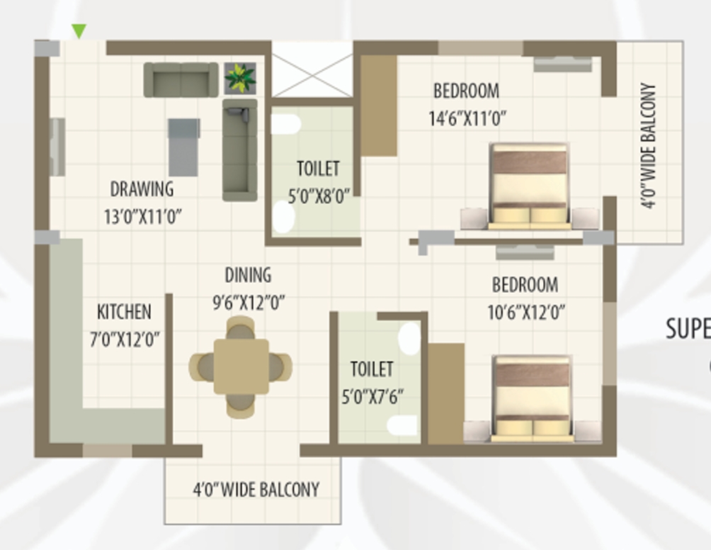 Laxmi Residency 3 Floor Plan Unit Type B 2 BHK Super Built Up Area: 1186 sq. ft. | Carpet Area: 797 sq. ft.