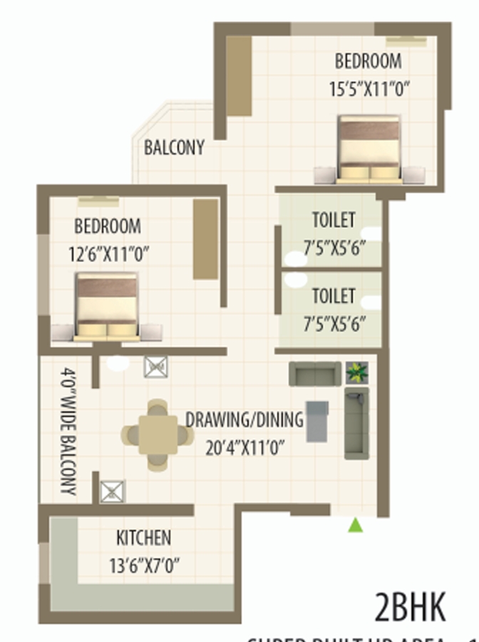 Laxmi Residency 3 Floor Plan Unit Type C 2 BHK Super Built Up Area: 1261 sq. ft. | Carpet Area: 839 sq. ft.
