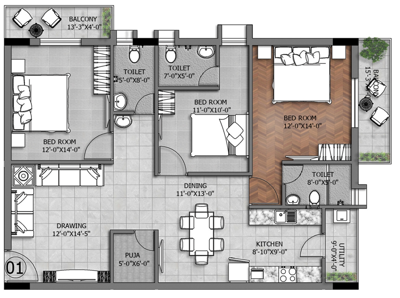 Laxmi Imperial Typical Floor Plan (101 To 501)