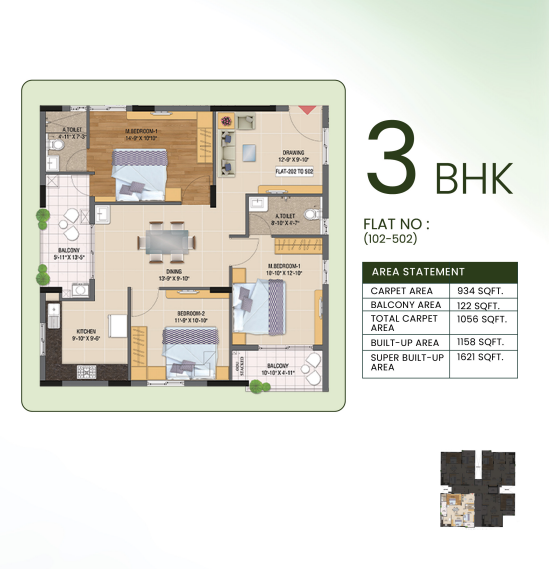 Laxmi Heritage 3 BHK floor plan for flats 102 to 502